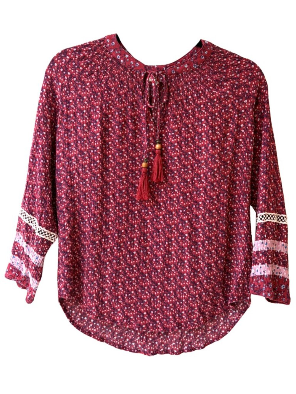 Maison & Belle Red Floral Boho Peasant Blouse S Tassel Tie Crochet 3/4 Sleeve